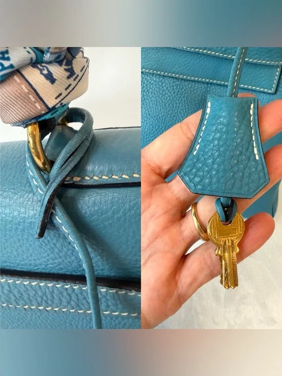 Hermes Kelly32 Retourne,Togo, BleuJean/Gold, box/duster/twilly, PRICE FIRM - Picture 14 of 17
